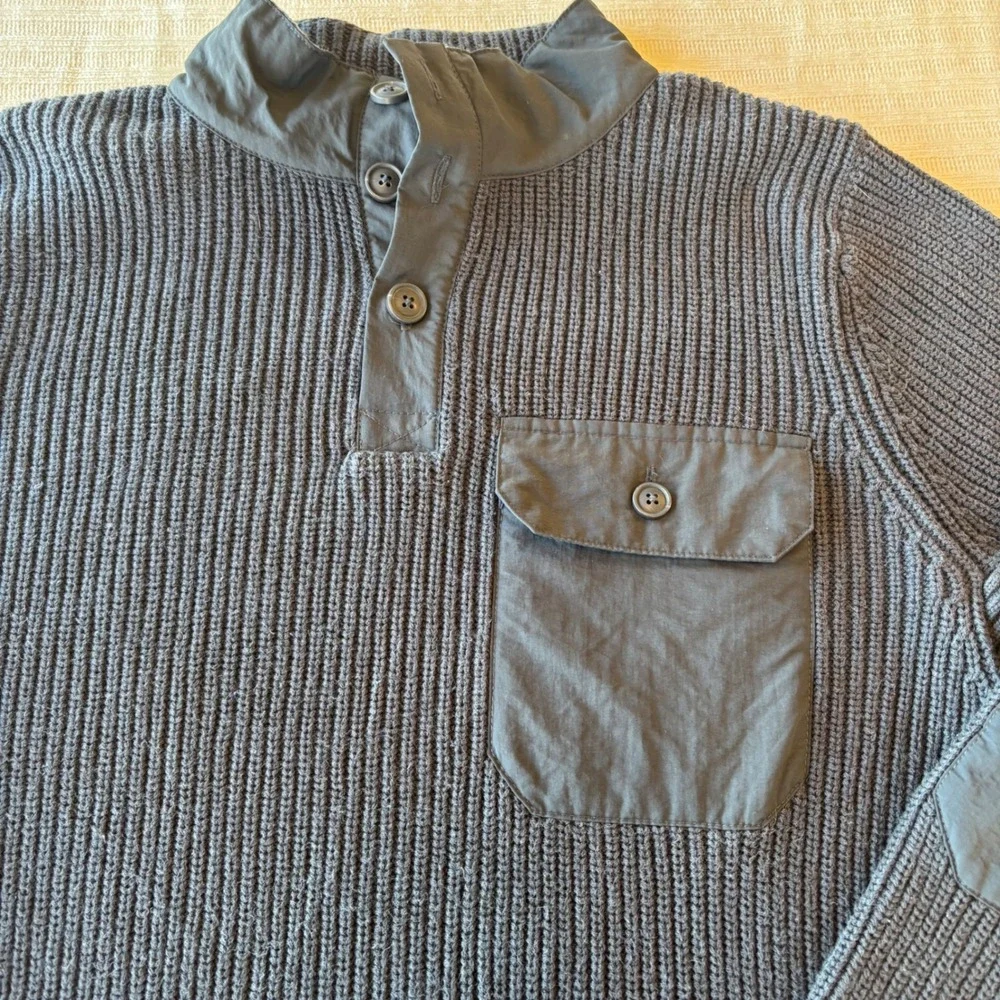 Duluth Trading Co Mens Gray Ribbed Henley Sweater Nylon Trim Elbow Patches M